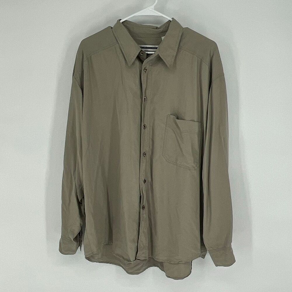 FENN WRIGHT & MANSON Shirt Men's XL Taupe Silk Collared Button Down Long Sleeve